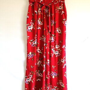 Vintage 90s New Look Womens Bright Red Floral Print Breezy Cool Pants Size XL